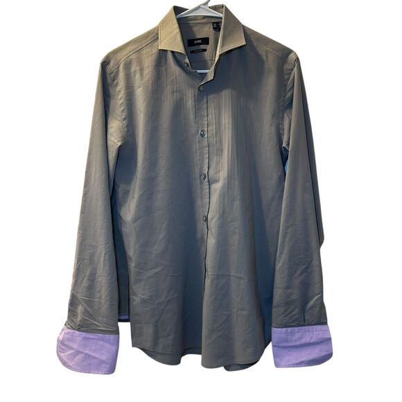 Boss Hugo Boss Dress Shirt Men 15.5 - 39 Gray/Purple Extra Slim Fit Button Down - Picture 1 of 6